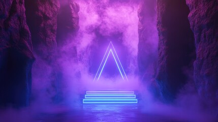 Aufkleber - Smoke fog and mist envelop a neon lit futuristic podium featuring glowing laser triangles in blue and purple hues illuminating an underground corridor of a spaceship in a 3D rendering
