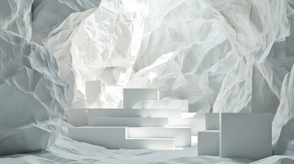 Poster - 3D rendering of an abstract room featuring a paper texture background and a pedestal composed of white cube steps