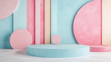 Fototapete - Pastel colored podium setup featuring geometric shapes in the background for product display 3D rendering
