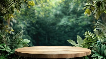 Aufkleber - 3D rendered natural green backdrop for product display with wooden pedestal background