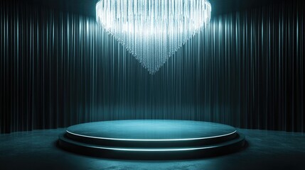Aufkleber - Futuristic round pedestal or platform featuring a chandelier Blank product display or stand Empty stage with glowing light Futuristic backdrop 3D rendering