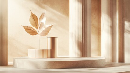 Aufkleber - Minimalistic scene featuring geometric shapes with cylinder podiums in the background and a paper leaf on a column Designed to highlight a cosmetic product suitable for a showcase or display 3D re