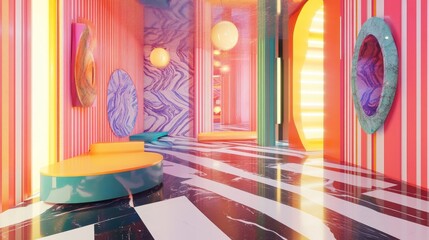 Poster - Abstract design studio for showcasing products featuring patterns Rendered space with vibrant lines and colors integrating plastic metal wood and marble with reflective lighting