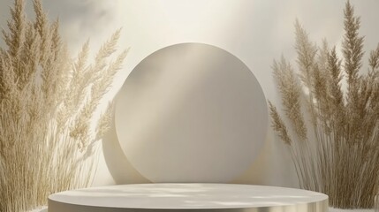 Aufkleber - Bright flat gray background featuring a square frame circular podium and dried wheat Natural display with minimalistic design 3D rendering