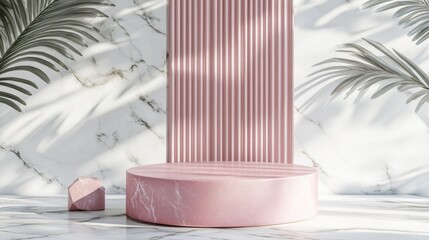 Poster - Minimalist composition featuring a pink platform set on a marble podium Accented with pink metal details against a white abstract background Geometric shapes create a space for product display 3D