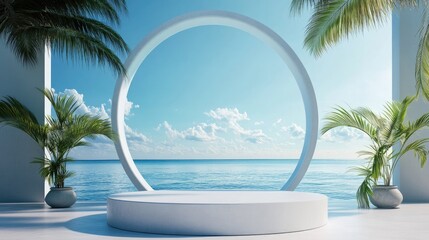 Poster - 3D podium with space for product display against an abstract blue sky background Tropical summer and vacation theme Graphic art design