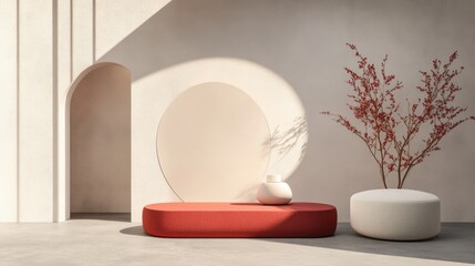 Poster - 3D rendering of a minimalistic backdrop designed for cream cosmetics featuring a modern red podium