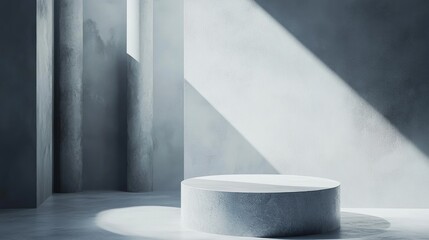 Aufkleber - 3D abstract geometric shape featuring a bright gray and white cylinder podium in a minimal studio setting