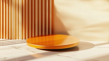 Poster - Orange glossy podium with an abstract geometric background Circular pedestal for showcasing cosmetic products Minimalist mock up scene concept template 3D render