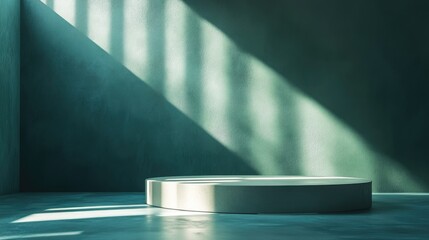 Poster - 3D rendering of a podium or presentation dais in a sunlit teal room ideal for display or advertising mockups 3D Illustration