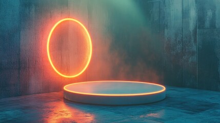 Aufkleber - Neon light product display on a textured street floor featuring a glowing spotlight and an empty podium for showcasing items 3D rendering
