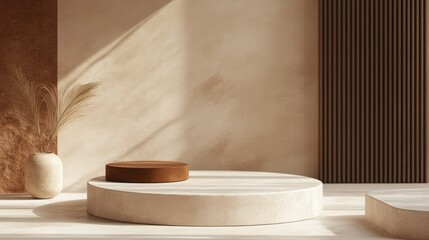 Poster - Circular podium stand pedestal or platform in beige and brown hues designed for product presentation and marketing 3D rendering