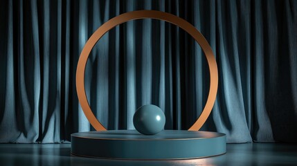 Aufkleber - Empty blue and black cylindrical podium with a copper edge featuring a spherical object on a circular arch set against a curtain backdrop Abstract minimalistic studio geometric composition Pedesta