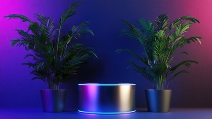 Aufkleber - Isolated metallic icon on a podium surrounded by three plants in vibrant multi colored lighting Orthogonal projection 3D render