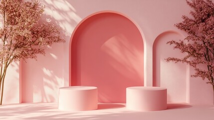 Poster - 3D rendered pink podium set against a pink backdrop for product display and advertising