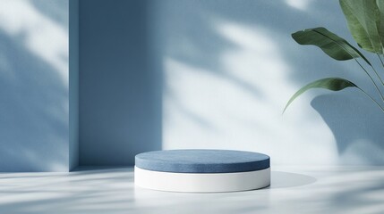 Poster - 3D rendering of a blue and white product podium mockup against a minimal abstract backdrop