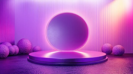 Poster - Glossy purple and pink podium with an abstract geometric background Circular platform designed for showcasing cosmetic products featuring a minimalist mock up scene and conceptual template 3D rend
