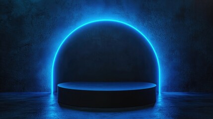 Poster - 3D rendered black podium for scientific presentations illuminated with blue neon light against a dark backdrop