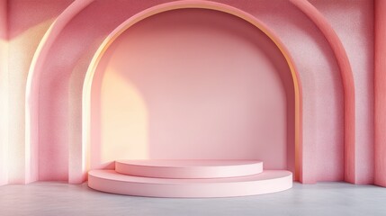 Aufkleber - Minimalist abstract pink backdrop featuring an empty podium and pastel hues designed for modern stage display or showcase 3D rendering