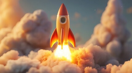 Aufkleber - Rocket spaceship takes off in a 3D cartoon rendering 3D illustration elements