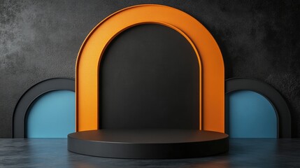 Poster - Cosmetic backdrop in black blue and orange with a premium podium for product showcasing branding and packaging Studio stage 3D rendering