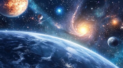 Aufkleber - Cartoon rendering in 3D depicting stars in a planet and galaxy within open space