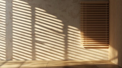 Fototapete - Shadowed window blinds in an empty room with a wall featuring a 3D rendering for minimal abstract product display
