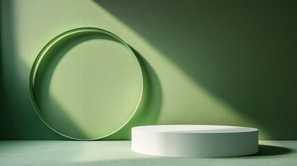 Poster - 3D rendering of a mockup scene featuring a white and green podium alongside a geometric circle in green