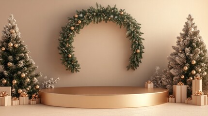 Aufkleber - Beige podium with a golden surface and a Christmas wreath backdrop Mockup for showcasing gifts or products 3D render