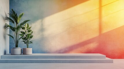 Leinwandbilder - Walls and platforms featuring vibrant textured gradients Interior backdrop illuminated by natural light 3D visualization