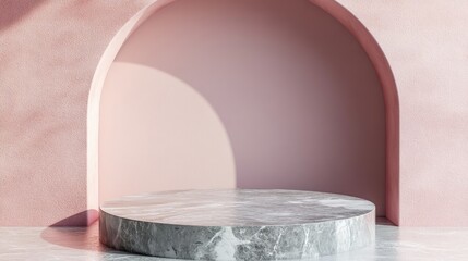 Aufkleber - Background podium for product display featuring a 3D stand on a marble stone platform A minimalistic stage for cosmetics with pastel shadows serving as an empty beauty floor mockup in an abstract