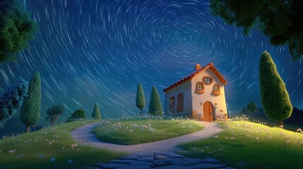 Aufkleber - 3D cartoon rendering featuring a small house with a star trail in the background