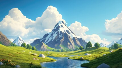 Aufkleber - Beautiful nature scenery featuring a mountain in a 3D cartoon rendering