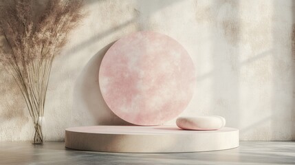 Poster - Pastel pink display podium on an empty surface with a soft backdrop 3D rendering without any entry point