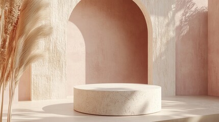 Leinwandbilder - 3D Render of an Abstract Composition Featuring a Round Pedestal Minimalist Studio Environment with Copy Space Modern Interior Backdrop for Landing Page Display and Product Presentation