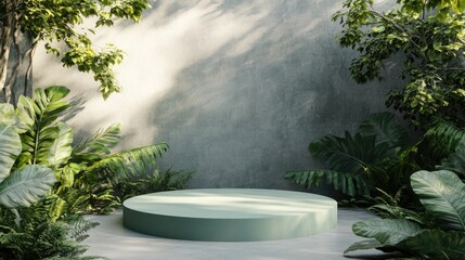 Poster - Green podium surrounded by foliage for product showcasing Minimalist design set in a contemporary uncluttered environment 3D rendering