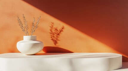 Aufkleber - Minimalistic geometric display on a pure white podium against an orange backdrop featuring soft shadows 3D rendering illustration for fashion and product presentation