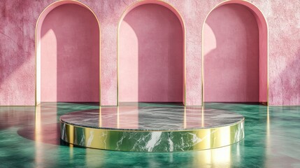 Poster - Round marble pedestal with a golden border set against a green floor and pink walls featuring circular arches The gold frame is suitable for commercial advertising Isolated on a pink background 3D