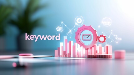 Wall Mural - seo relevance concept. a digital illustration showcasing graphs and tools related to keywords and da