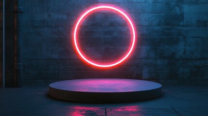 Aufkleber - Neon light product display on a textured street floor featuring a glowing spotlight and an empty podium for showcasing items 3D rendering