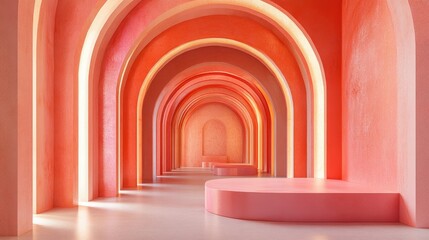 Poster - Long tunnel featuring arches designed for product display podium in coral hues 3D rendering
