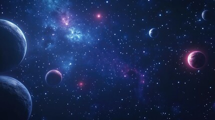 Wall Mural - 2d illustration featuring a 3d cartoon rendering of vast deep space with bright stars planets and mo
