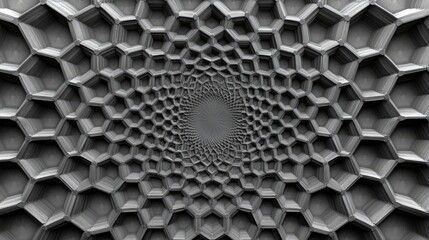Poster - 3D gray shiny abstract monochrome geometric pattern featuring a chaotic arrangement of hexagonal surface polygons in a circular design 3D rendering of a realistic honeycomb background or texture