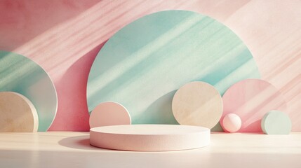 Aufkleber - Minimalist 3D rendering featuring a podium against an abstract backdrop with geometric shapes in soft pastel hues