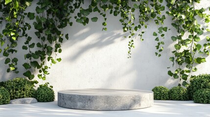 Aufkleber - Round stone cylinder podium in a garden setting with Virginia creeper on a white wall background Exterior nature and architectural design concept 3D illustration rendering