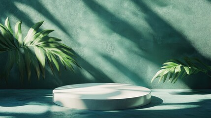 Poster - Abstract empty podium casting shadows on a green backdrop Mockup display for product showcasing Three dimensional render Minimalistic concept Advertising template 3D illustration