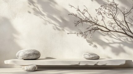 Poster - Podium display on a soft pastel stucco backdrop Abstract arrangement featuring a branch stone and shadow on the wall 3D render Template for exhibitions presentations and product branding in the he