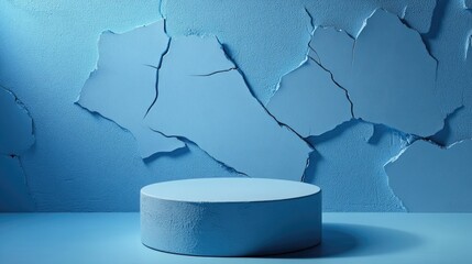 Fototapete - Blue background featuring a cracked wall to showcase a product on a pedestal 3D illustration Display