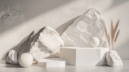 Aufkleber - Minimalist geometric background featuring stone and rock shapes ideal for podium display or showcasing products Textured white stone slabs create a visually appealing backdrop rendered in 3D