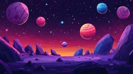 Aufkleber - 2D illustration featuring a vast space scene with bright stars planets and moons Includes various science fiction inspired backdrops alien solar systems and a realistic cosmic background